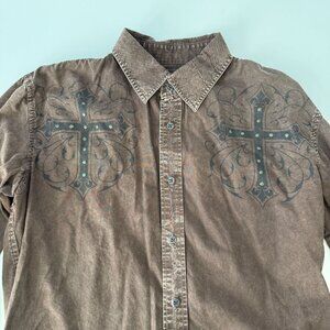 Affliction Mens Brown Long Sleeve Button-Up Shirt Cross Graphics Size Large